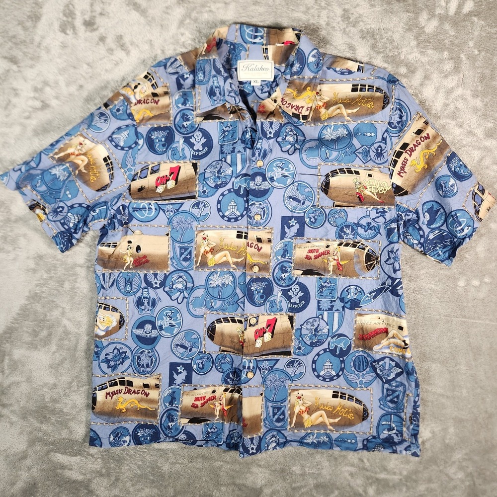 Vintage Kalaheo Hawaiian Shirt Mens XL Blue‎ Aloha Hula Girl Rare Bomber Girls